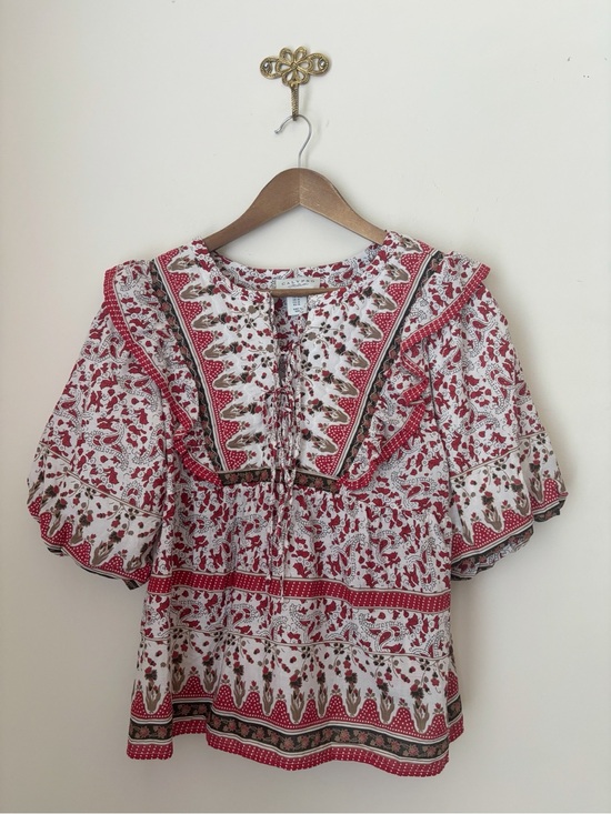 Calypso St. Barth Tops - Calypso St Barth Red & Brown Block Print Cotton Blouse Medium Boho Summer